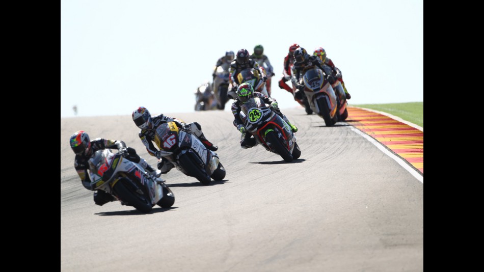 Toni Elias fighting through the pack in Motorland Aragon