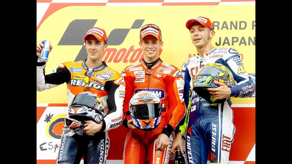 Dovizioso, Stoner and Rossi on the podium at Motegi