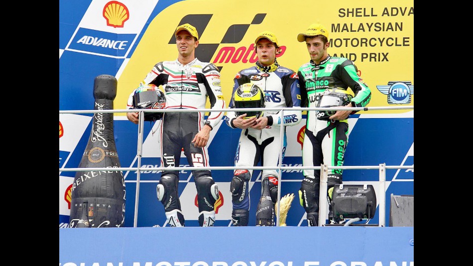 De Angelis, Rolfo and Iannone on the podium at Sepang
