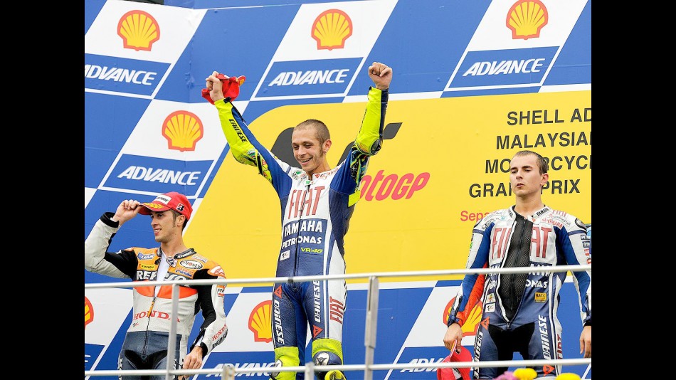 Dovizioso, Rossi and Lorenzo on the podium at Sepang