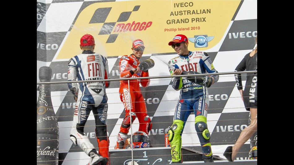 Lorenzo, Stoner and Rossi on the podium at Phillip Island