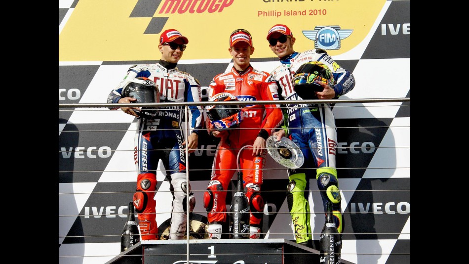 Lorenzo, Stoner and Rossi on the podium at Phillip Island