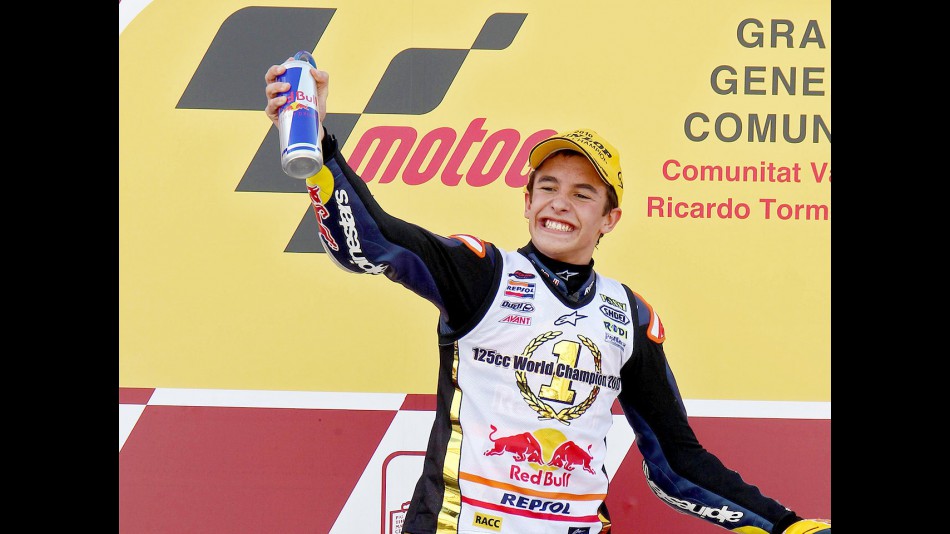 125cc World Champion Marc Marquez ion the podium in Valencia