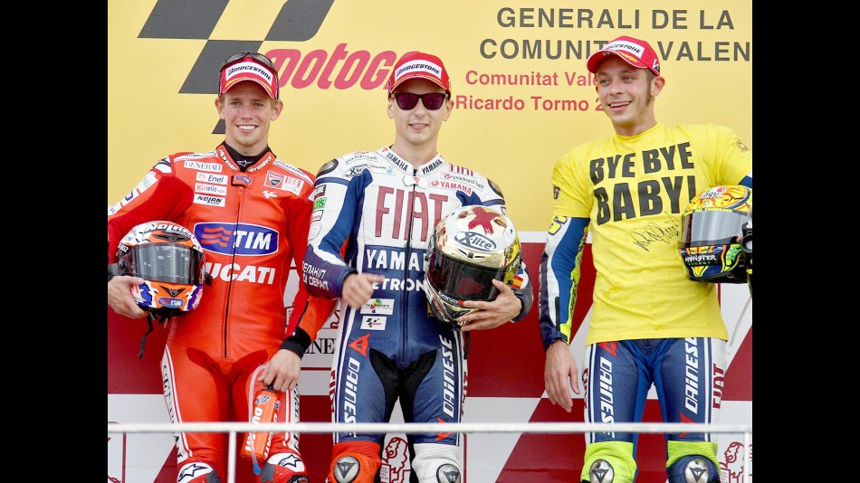 Stoner, Lorenzo and Rossi on the podium in Valencia