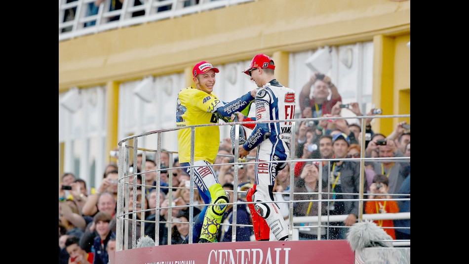 Valentino Rossi and Jorge Lorenzo on the podium in Valencia