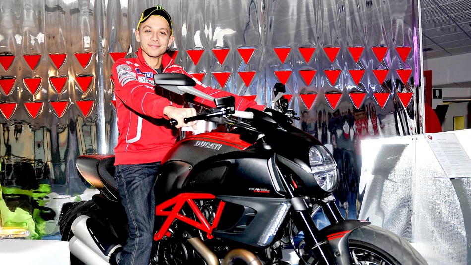 Valentino Rossi on the Ducati Diavel at Madonna di Campiglio