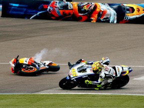 Dani Pedrosa crashes during the Race at Indianapolis