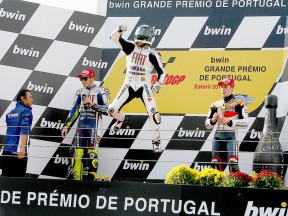 Jorge Lorenzo celebrates GP win at Estoril