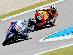 Lorenzo riding ahead of Pedrosa during the race in Assen