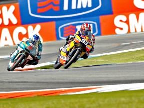 Marquez riding ahead of Terol during the race at Assen