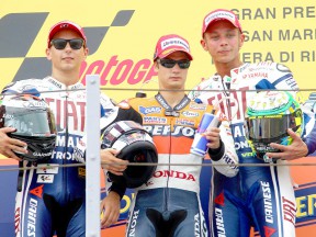 Lorenzo, Pedrosa and Rossi on the podium at Misano