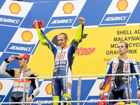 Dovizioso, Rossi and Lorenzo on the podium at Sepang