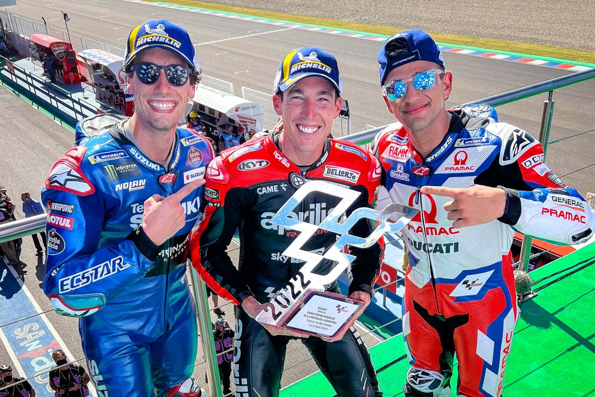Alex Rins, Aleix Espargaro, dan Jorge Martin di podium MotoGP Argentina 2022