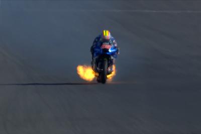 Up in flames: Tsuda escapes GSX-RR fireball