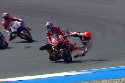 WATCH: Marc Marquez crashes after contact with Bastianini 